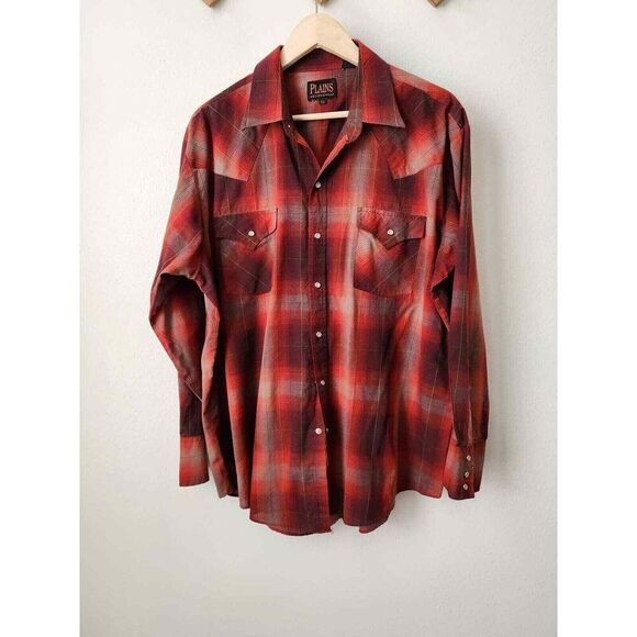 80s Plains Westernwear red plaid pearl snap shirt XL paper thin‎ hipster - Picture 1 of 6